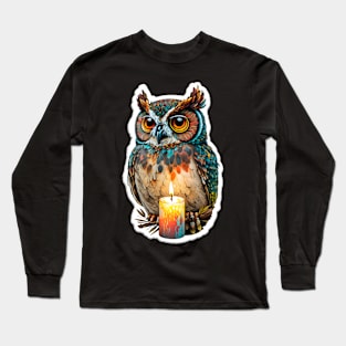 Colorful Owl Painting with a Candle Long Sleeve T-Shirt